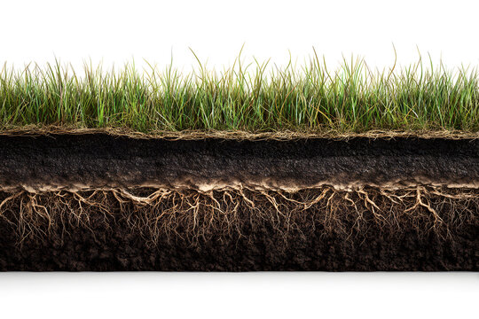 A cross-sectional view of grass and soil, showing root structure and texture, isolated on white background.
