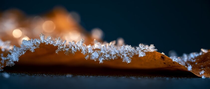 Macro winter scene: frosty leaf texture against blurred orange and blue lights