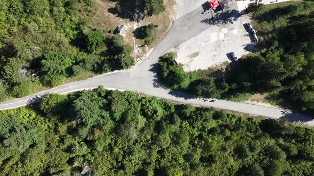 Aerial Top Down View Trebevic Mountain Walking Trails Intersection Plateau Food Van Forest Sarajevo