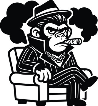 A black and white vector illustration of a tough boss monkey wearing a fedora hat and a pinstripe suit while smoking a cigar in a chair.