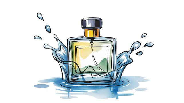 Glass perfume bottle with water splash illustration