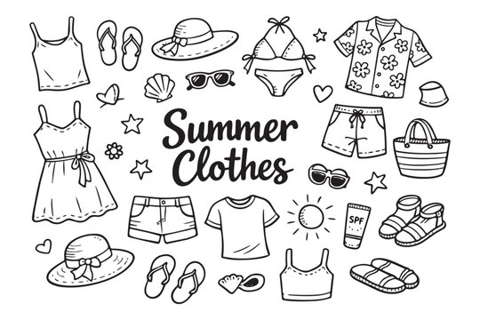 Summer clothes collection set, hand drawn doodle style, beach wear, vacation outfits, accessories, isolated on white background