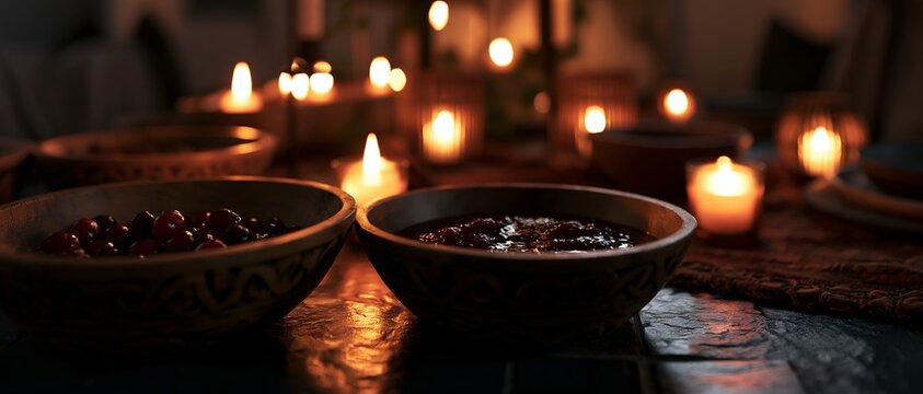 Warm candlelight illuminates bowls on dark wooden table