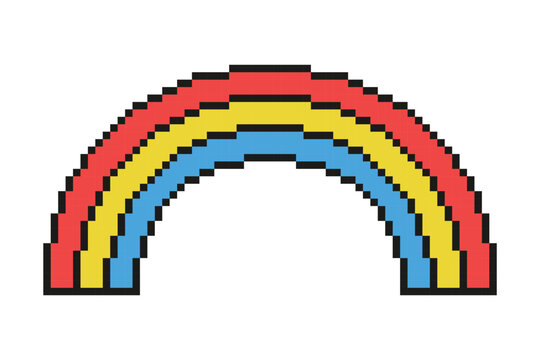 Pixel art rainbow icon, colorful arch with red, yellow and blue stripes, retro 8bit game style graphic design element
