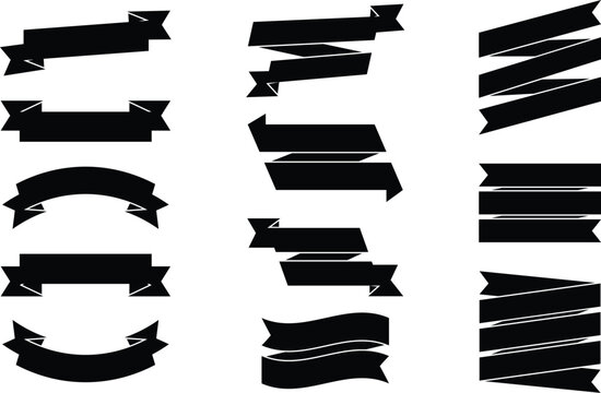Set of black ribbon banners and decorative elements for design, vector illustration isolated on white background