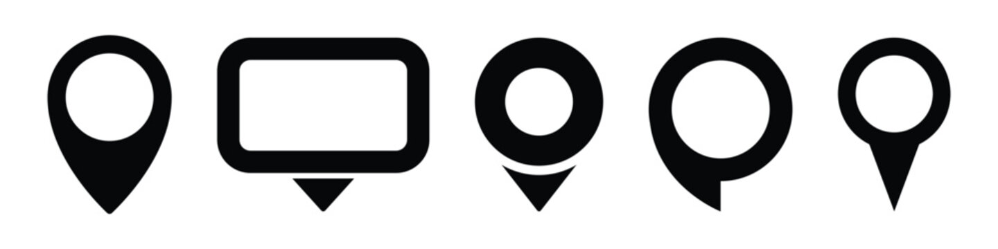 Set of five different black map pointer icons with various shapes for location marking and navigation isolated on white background