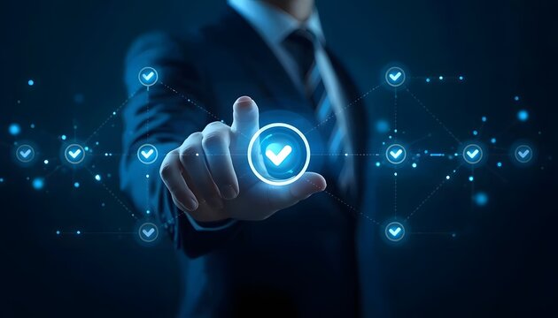 Businessman touching digital check mark icon for quality assurance and business compliance.