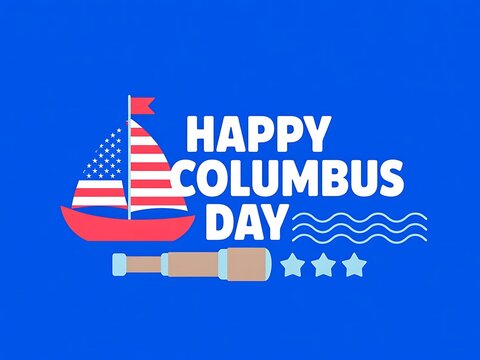 Happy Columbus Day greeting card with flat illustration of sailboat and telescope
