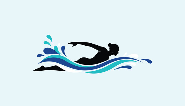 Stylized silhouette of a person swimming in blue water waves demonstrating professional swimming technique and sports performance.
