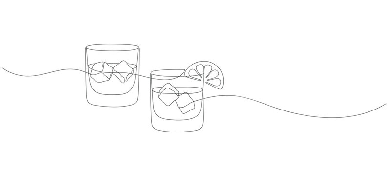 Continuous line drawing of two glasses of whiskey with ice cubes and a lemon slice garnish, minimalist vector illustration of alcoholic drinks