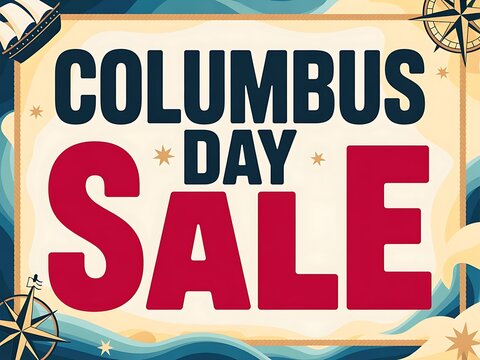 Columbus Day sale banner with vintage nautical theme and ship illustration for holiday promotion