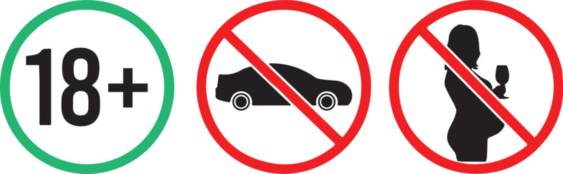 Set of warning signs for pregnant women, including age restriction, no driving, and no alcohol consumption, isolated on white background
