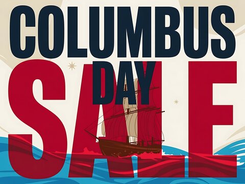 Columbus Day sale typography design featuring a vintage sailing ship illustration