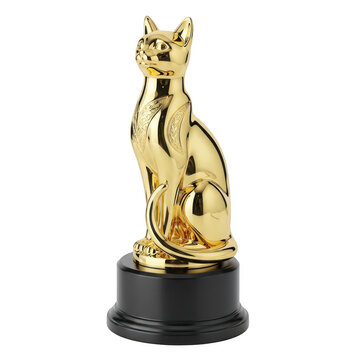 Golden trophy cat statue isolated on transparent background