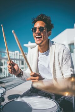 Joyful young man plays drums on modern terrace in sunny weather