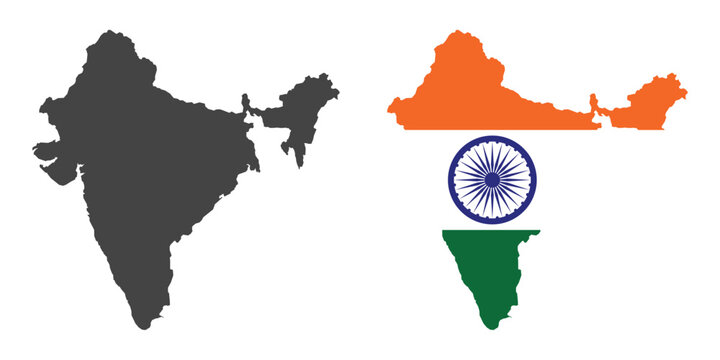 India map silhouette and stylized indian flag map shape, creative national symbol design, vector illustration isolated on white background