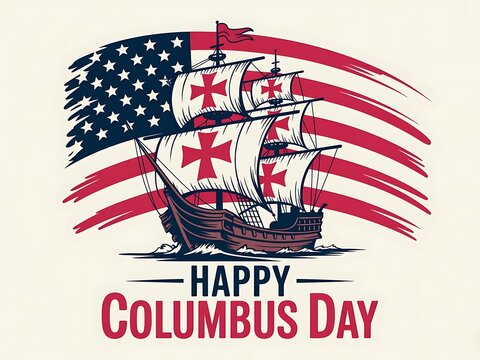 Vintage style illustration of a historical wooden sailing ship with American flag background for Columbus Day celebration