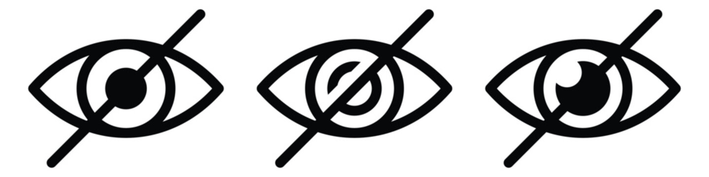 Set of three eye icons with a slash, representing hidden, private, or disabled visibility status, vector illustration isolated on white background