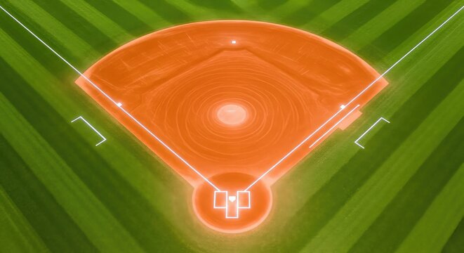 A symmetrical top-down view of a professional baseball diamond featuring lush green turf, manicured brown soil, and crisp white boundary lines, infield, empty, high-angle