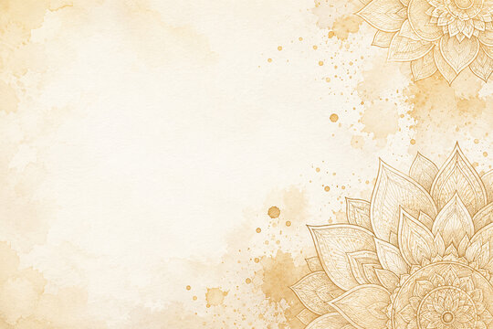 Elegant vintage beige watercolor background featuring detailed mandala corner decoration floral design