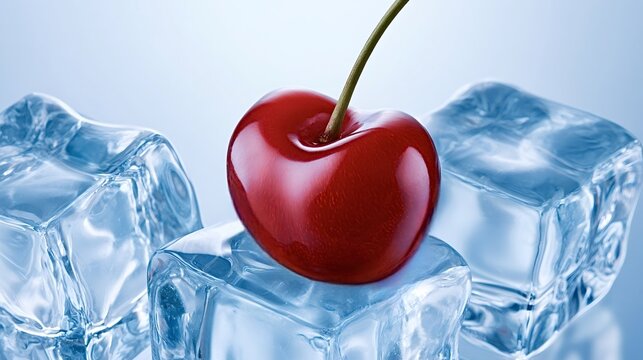 Vibrant red cherry resting on cold, clear ice cubes, creating a crisp and refreshing visual against a cool blue background, symbolizing freshness and summer coolness