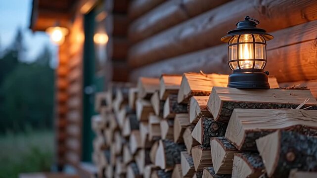 Stack Of Firewood With A Small Lantern On Top Flame Flickering Softly
