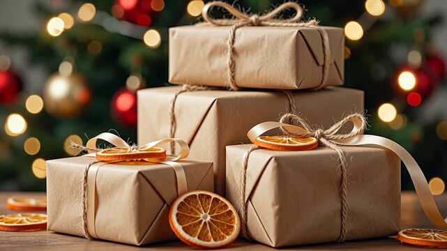 Stack Of Gifts Wrapped In Kraft Paper With Twine And Dried Orange Slic
