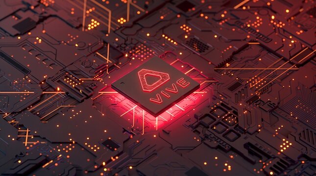 A central computer processor chip with a glowing red triangle and the word vive on a dark circuit board with orange light particles