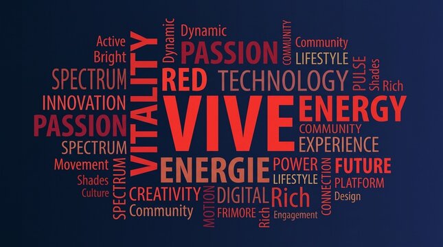 A word cloud on a dark blue background, featuring the word, vive in large, red letters surrounded, by related terms, like energy, passion, and digital