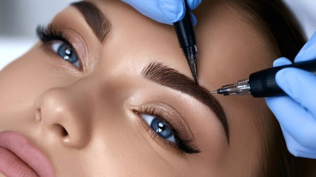 Woman undergoing a microblading procedure, with a beautician using a specialized tool to create natural looking hair strokes for enhanced permanent eyebrows