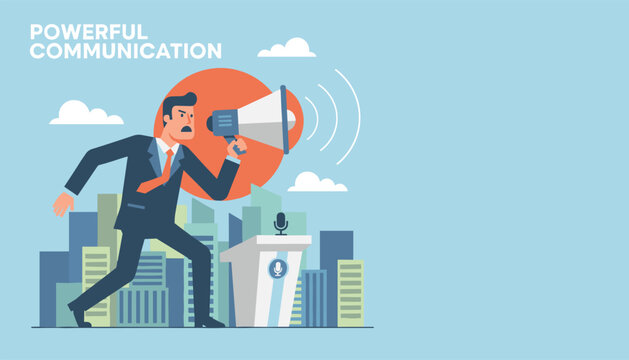 Confident businessman standing at a podium and shouting through a megaphone to express powerful communication in a corporate city setting.