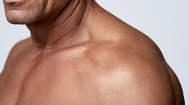 Male torso close up with tanned, healthy skin highlighting defined shoulder, neck and trapezius muscles  athletic, strong physique conveying fitness, wellness and vitality