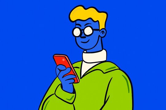 Modern illustration of man with smartphone in green clothes