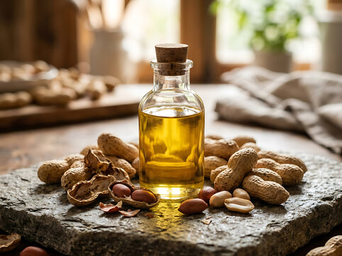 Glass bottle of organic peanut oil surrounded by raw peanuts on a stone surface.