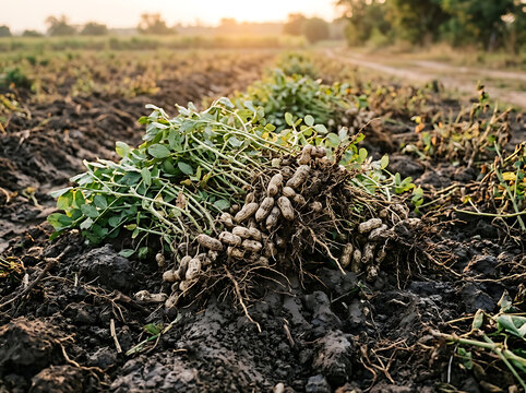 Freshly harvested peanut plants lying on the dark soil in a farm field at sunset.