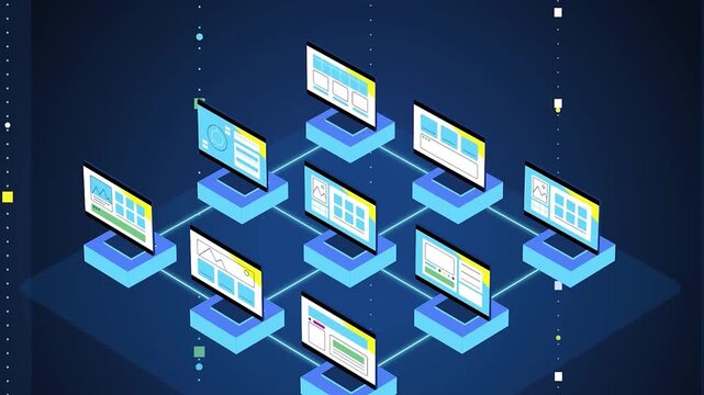 Isometric Computer Network Growth Animation Dark Blue Background