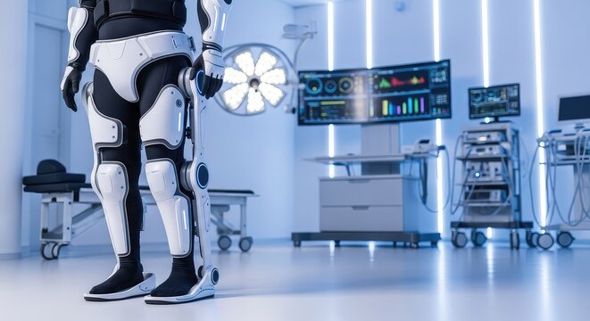 Advanced white bionic exoskeleton leg suit assisting movement within a sterile medical rehabilitation center featuring high-tech equipment, assistance, artificial, modern