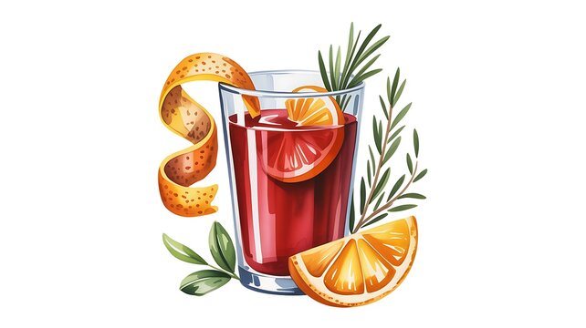 Fresh red cocktail drink with orange slices and rosemary