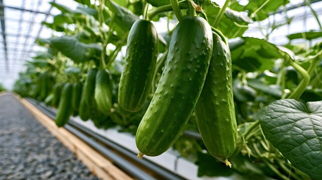 Ripe green cucumbers hanging from vines in a commercial greenhouse, highlighting sustainable, organic vegetable production and modern indoor farming for fresh, healthy produce