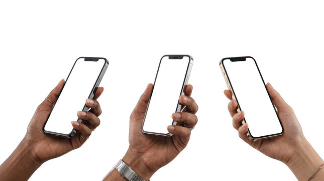 Three hands holding three smartphones with blank white screens isolated on a black background, for mobile application, interface presentation