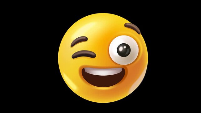 Animated yellow winking face with smiling expression on transparent background with alpha channel, suitable for emotion, reaction, communication and social content