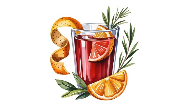Glass of refreshing red cocktail with orange slices and herb