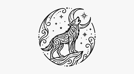 Naklejka premium Black and white circular line art illustration of a howling wolf on a cliff edge, featuring intricate tribal swirls, a crescent moon, and stars in a celestial night sky setting.