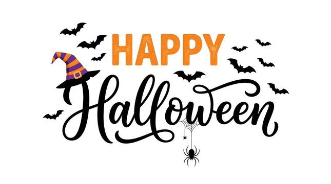 Festive happy halloween typography design featuring a witch hat and flying bats on a white background