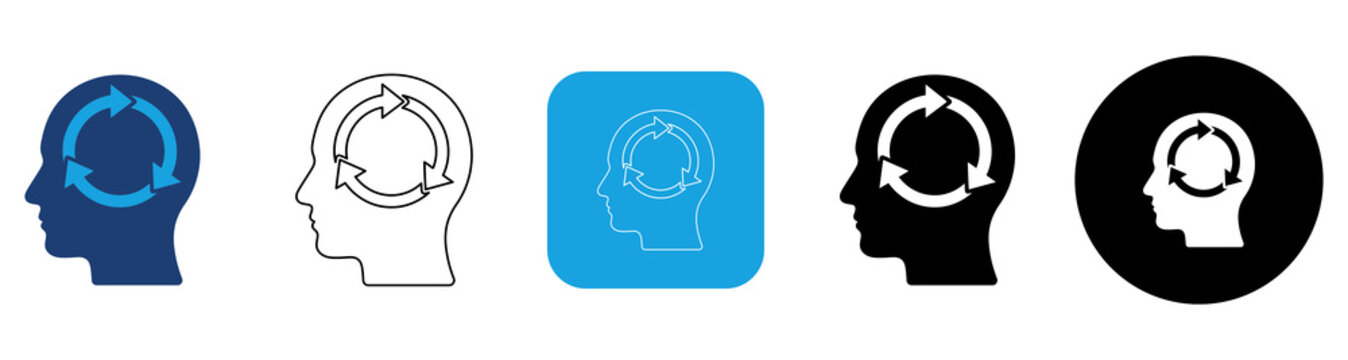 AI Assistant Head Icon Set with Blue Fill, Gray Outline, Blue Square White Outline, Black Fill, Black Circle White Fill Variations Collection 5 Styles Isolated on Transparent Background