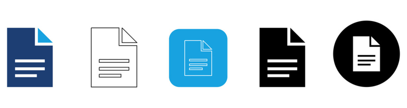 Document File Icon Set with Blue Fill, Gray Outline, Blue Square White Outline, Black Fill, Black Circle White Fill Variations Collection 5 Styles Isolated on Transparent Background