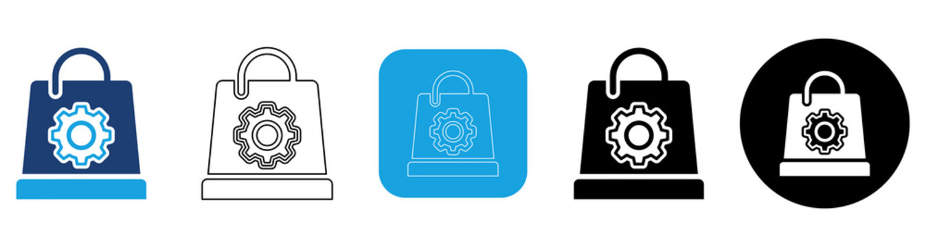 Shopping Bag Settings Icon Set with Blue Fill, Gray Outline, Blue Square White Outline, Black Fill, Black Circle White Fill Variations Collection 5 Styles Isolated on Transparent Background