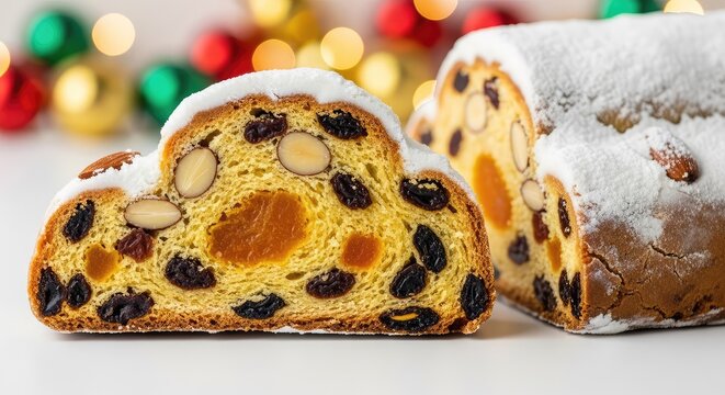 Close up of a freshly sliced stollen bread revealing a dense crumb, vibrant dried fruits, and a golden crust with festive bokeh lights, warm, celebration, delicious