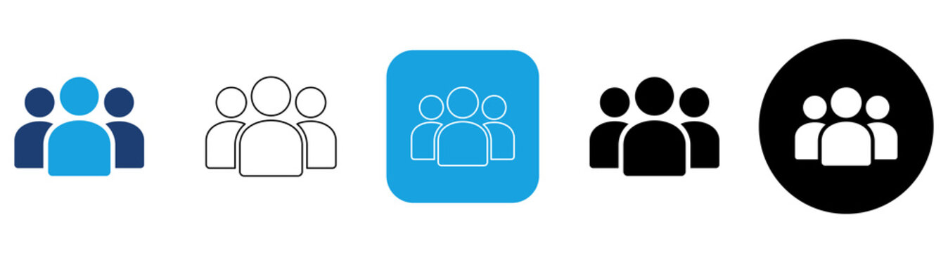 Team Group Icon Set with Blue Fill, Gray Outline, Blue Square White Outline, Black Fill, Black Circle White Fill Variations Collection 5 Styles Isolated on Transparent Background