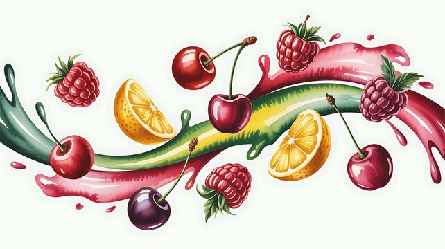 Fresh cherries raspberries and orange slices in juice splash